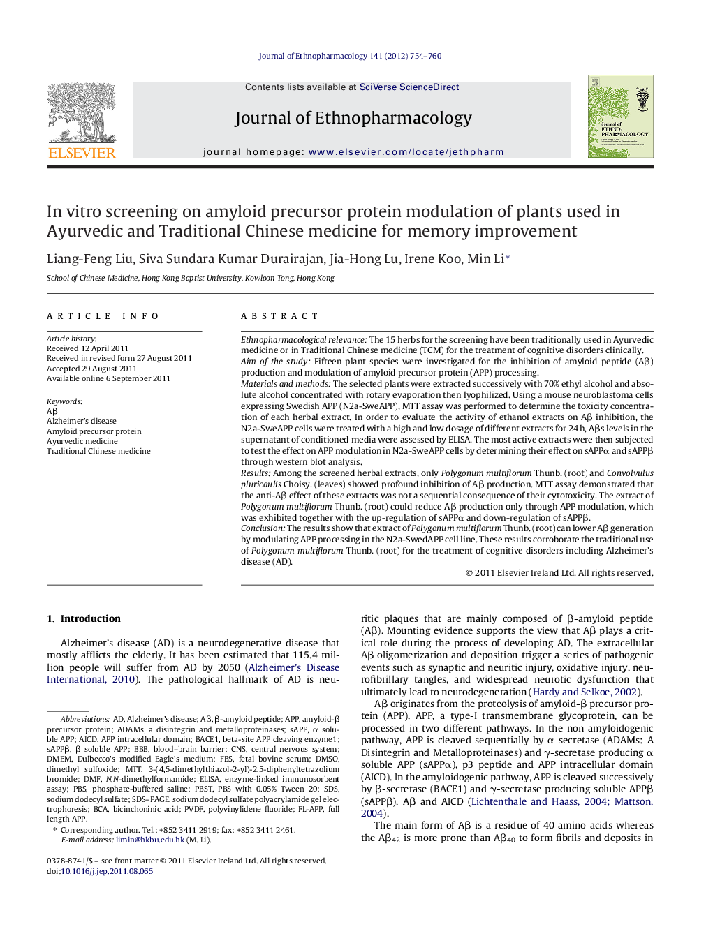 In vitro screening on amyloid precursor protein modulation of plants used in Ayurvedic and Traditional Chinese medicine for memory improvement