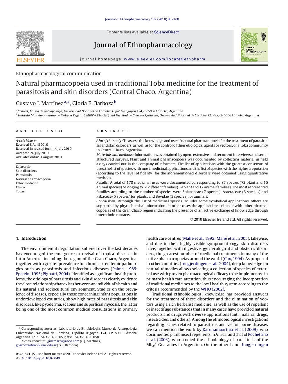 Natural pharmacopoeia used in traditional Toba medicine for the treatment of parasitosis and skin disorders (Central Chaco, Argentina)