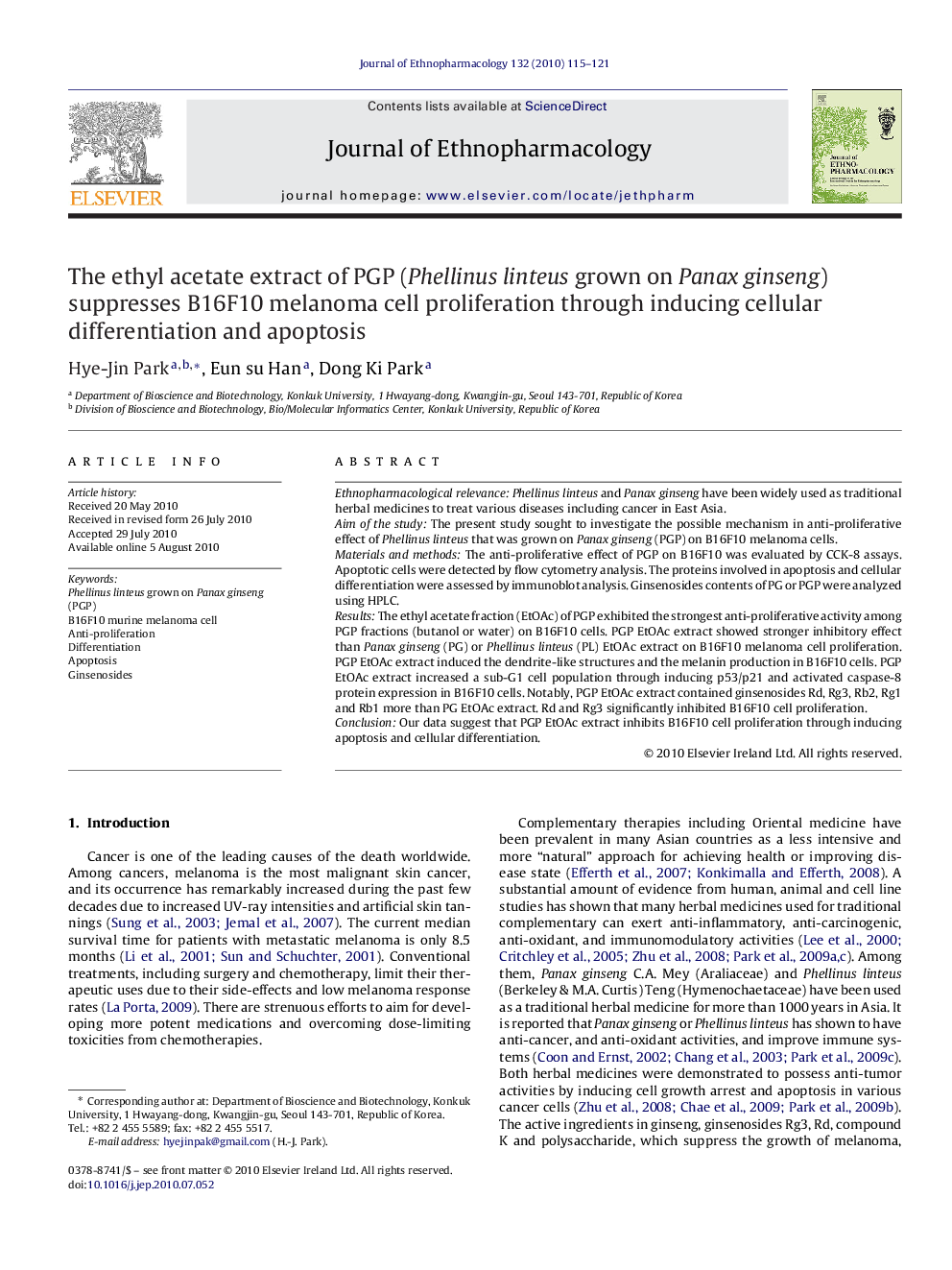 The ethyl acetate extract of PGP (Phellinus linteus grown on Panax ginseng) suppresses B16F10 melanoma cell proliferation through inducing cellular differentiation and apoptosis