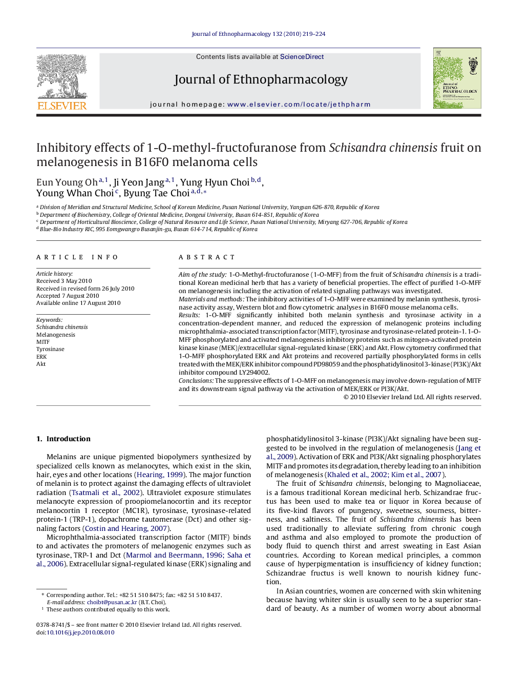 Inhibitory effects of 1-O-methyl-fructofuranose from Schisandra chinensis fruit on melanogenesis in B16F0 melanoma cells