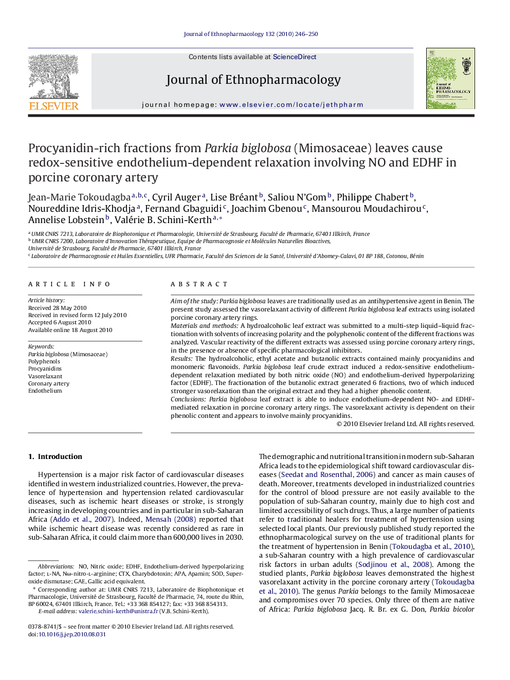 Procyanidin-rich fractions from Parkia biglobosa (Mimosaceae) leaves cause redox-sensitive endothelium-dependent relaxation involving NO and EDHF in porcine coronary artery