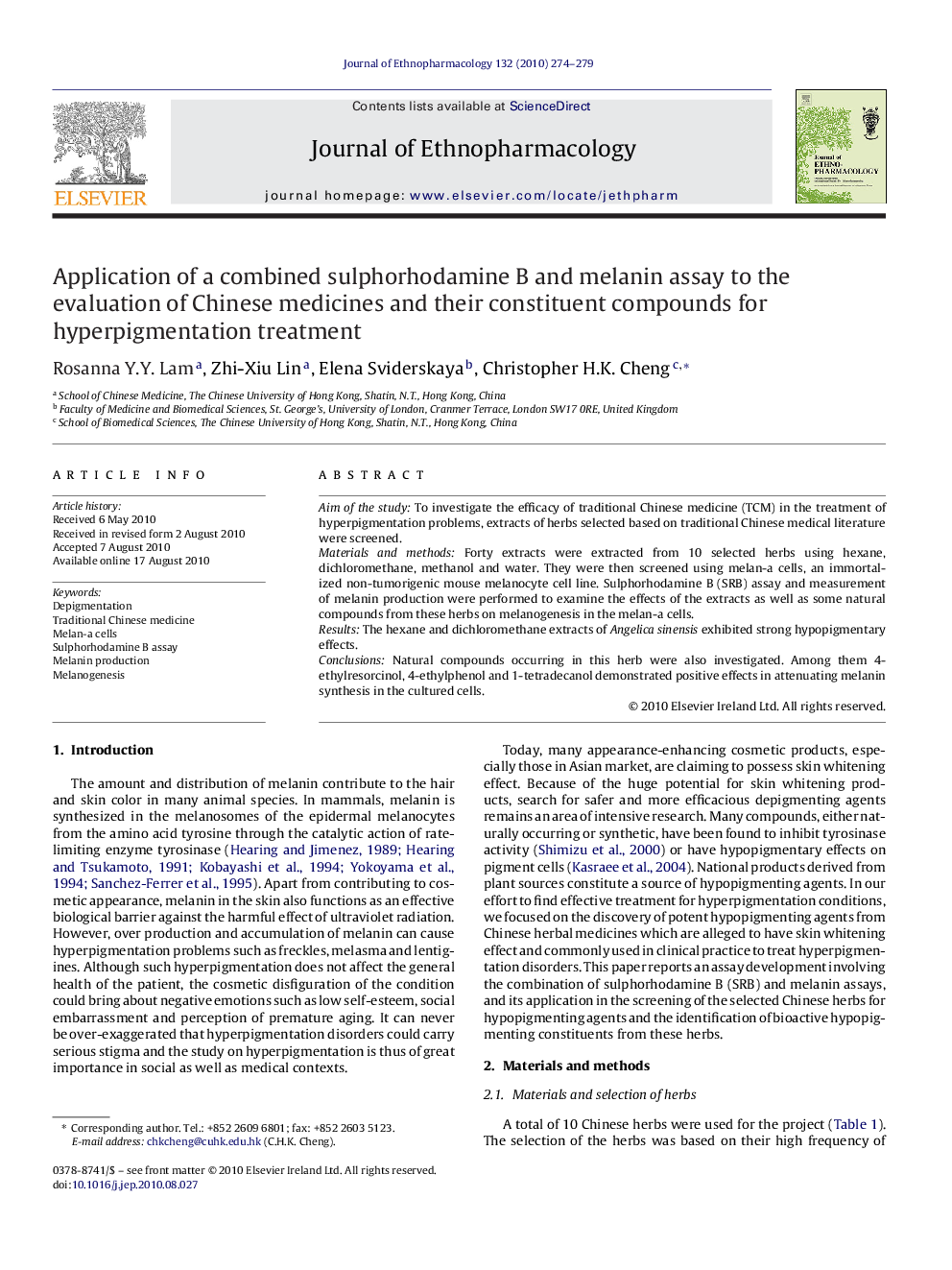 Application of a combined sulphorhodamine B and melanin assay to the evaluation of Chinese medicines and their constituent compounds for hyperpigmentation treatment