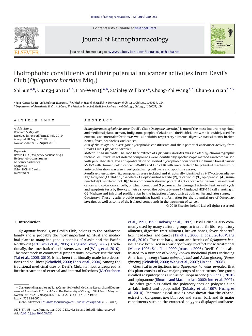 عکس صفحه اول مقاله: Hydrophobic constituents and their potential anticancer activities from Devil's Club (Oplopanax horridus Miq.) Hydrophobic constituents and their potential anticancer activities from Devil's Club (Oplopanax horridus Miq.)