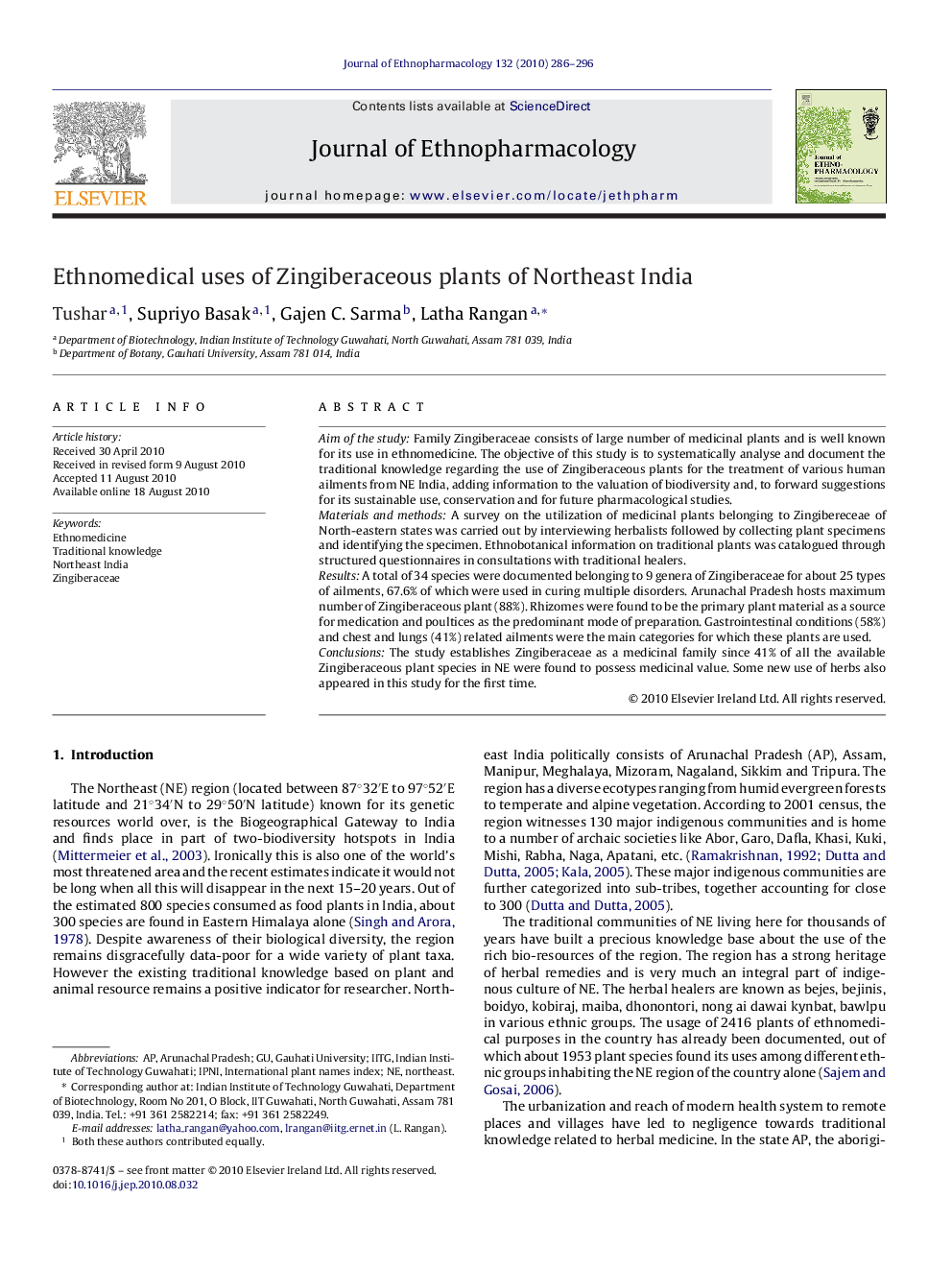 Ethnomedical uses of Zingiberaceous plants of Northeast India