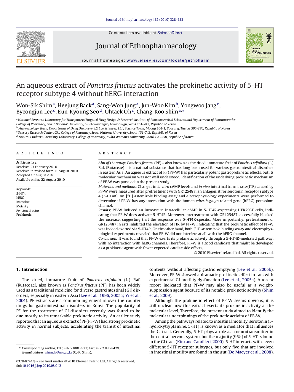 An aqueous extract of Poncirus fructus activates the prokinetic activity of 5-HT receptor subtype 4 without hERG interaction