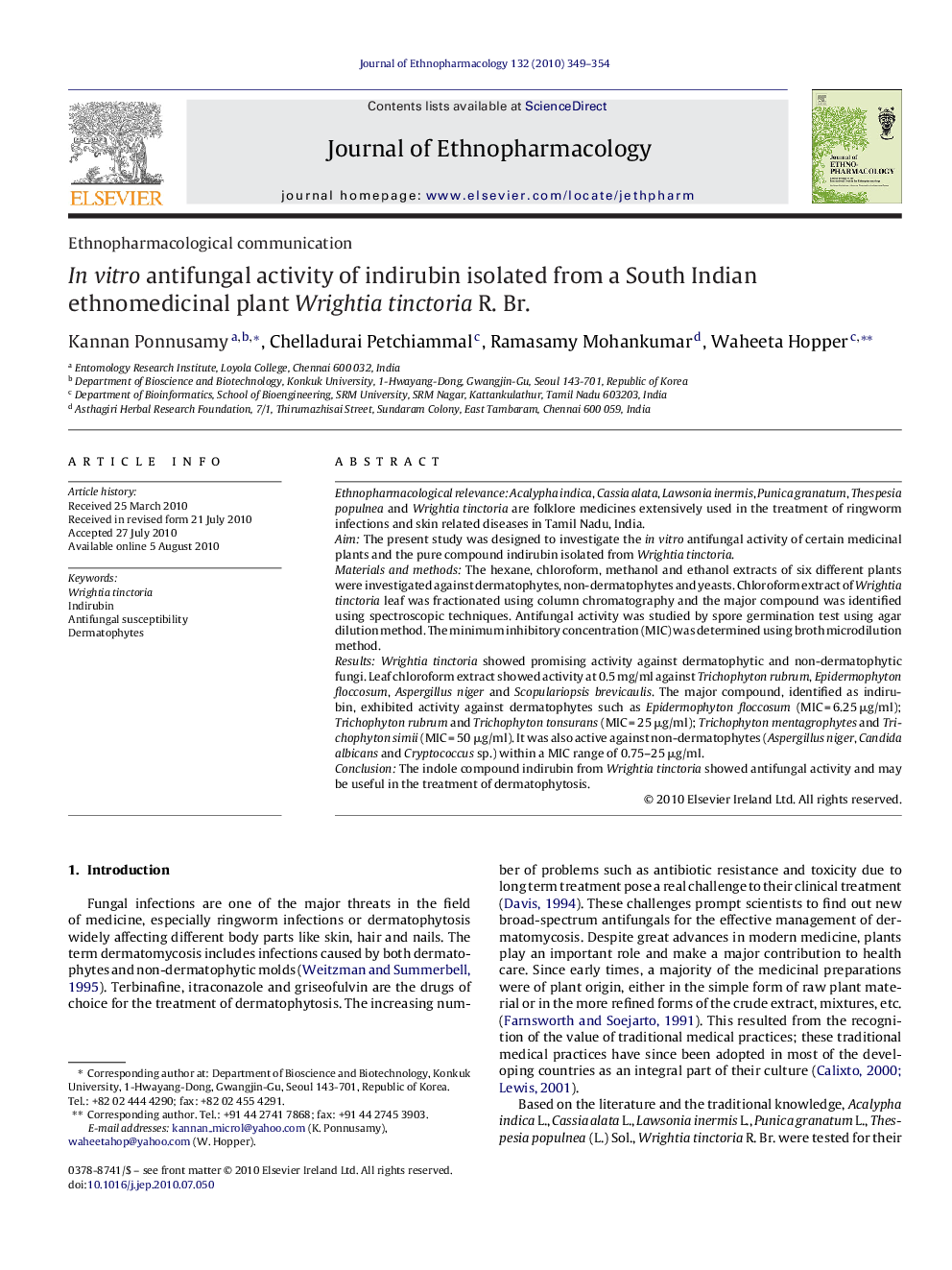 In vitro antifungal activity of indirubin isolated from a South Indian ethnomedicinal plant Wrightia tinctoria R. Br.