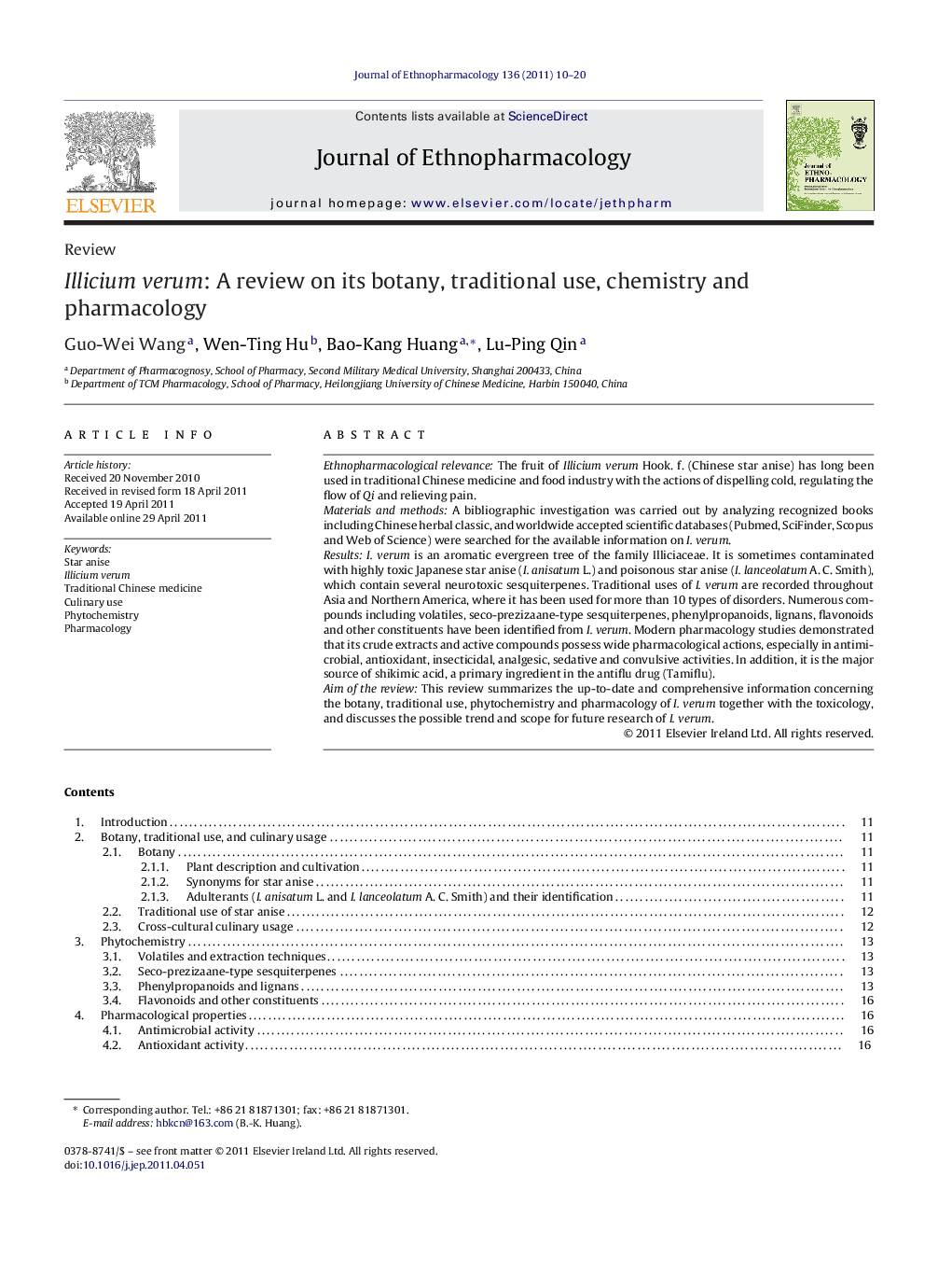 Illicium verum: A review on its botany, traditional use, chemistry and pharmacology