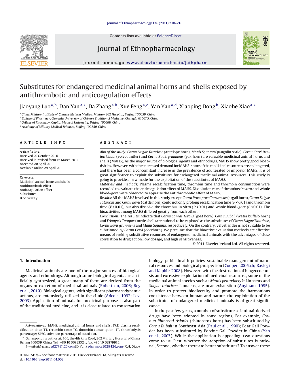 Substitutes for endangered medicinal animal horns and shells exposed by antithrombotic and anticoagulation effects