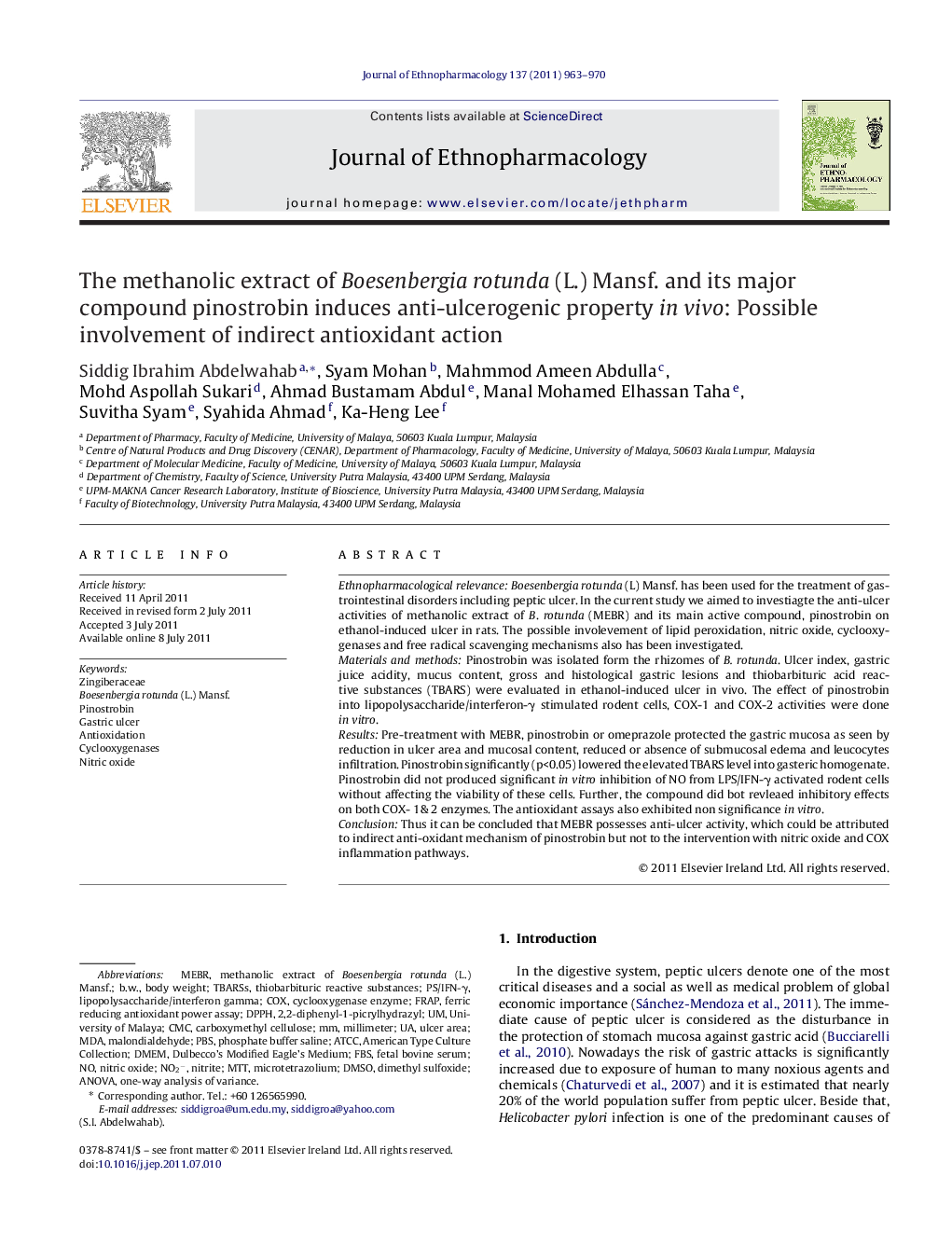 The methanolic extract of Boesenbergia rotunda (L.) Mansf. and its major compound pinostrobin induces anti-ulcerogenic property in vivo: Possible involvement of indirect antioxidant action