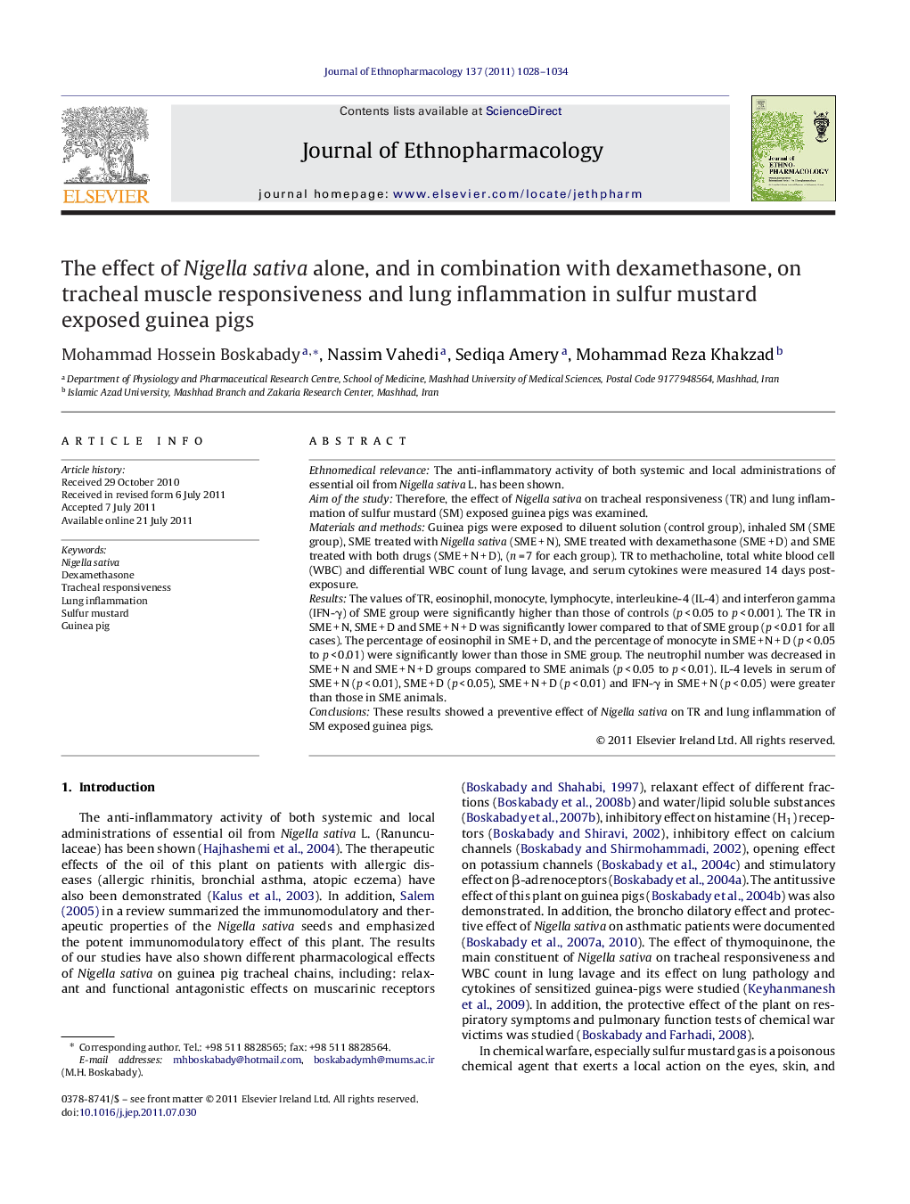 The effect of Nigella sativa alone, and in combination with dexamethasone, on tracheal muscle responsiveness and lung inflammation in sulfur mustard exposed guinea pigs