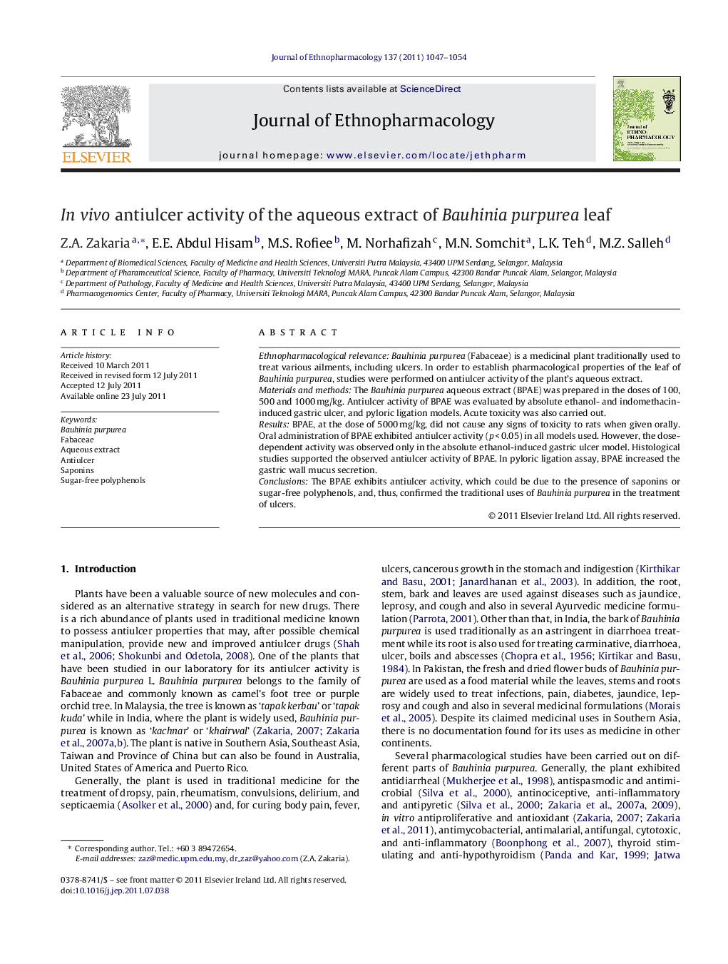 In vivo antiulcer activity of the aqueous extract of Bauhinia purpurea leaf