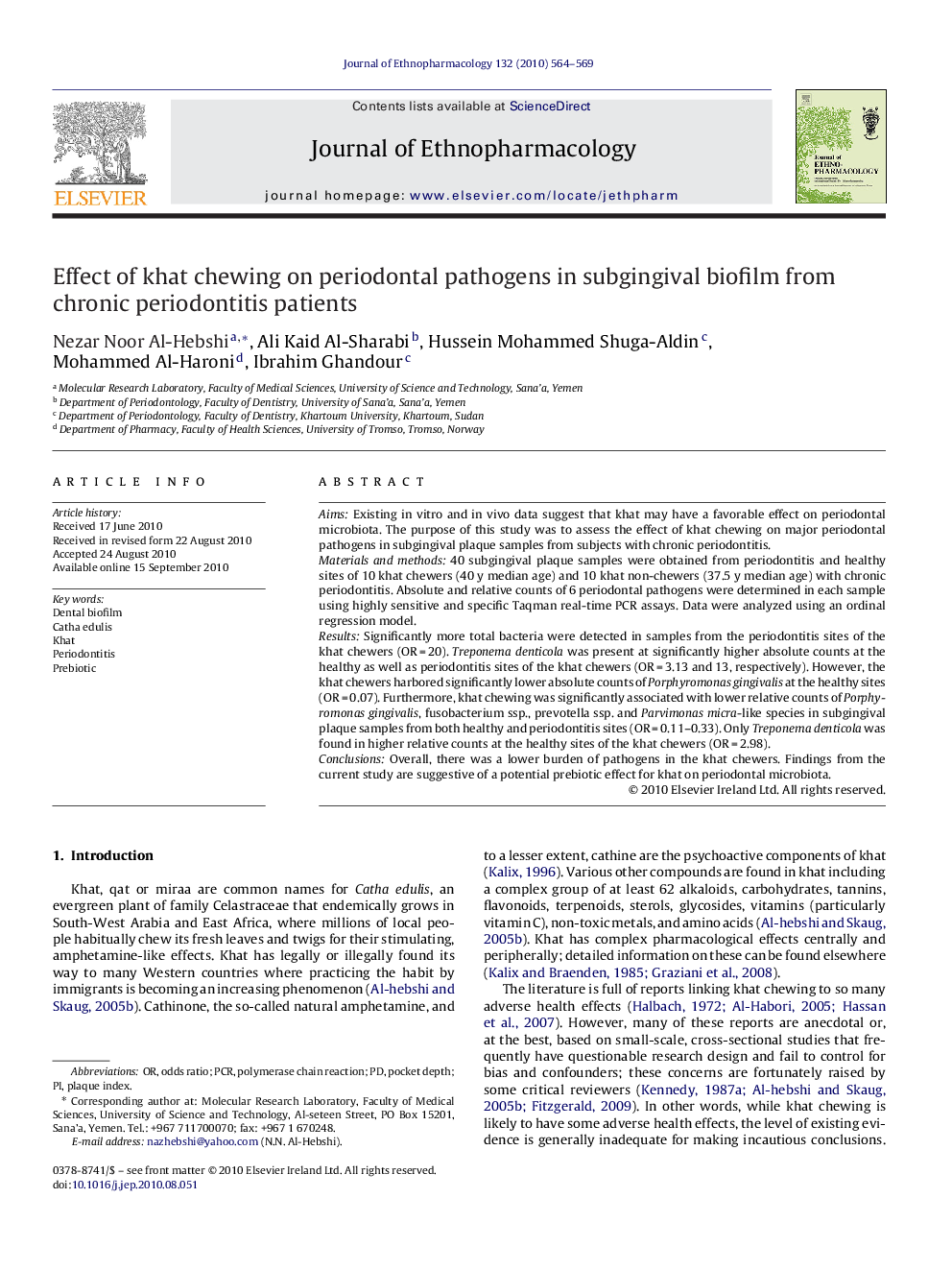 Effect of khat chewing on periodontal pathogens in subgingival biofilm from chronic periodontitis patients