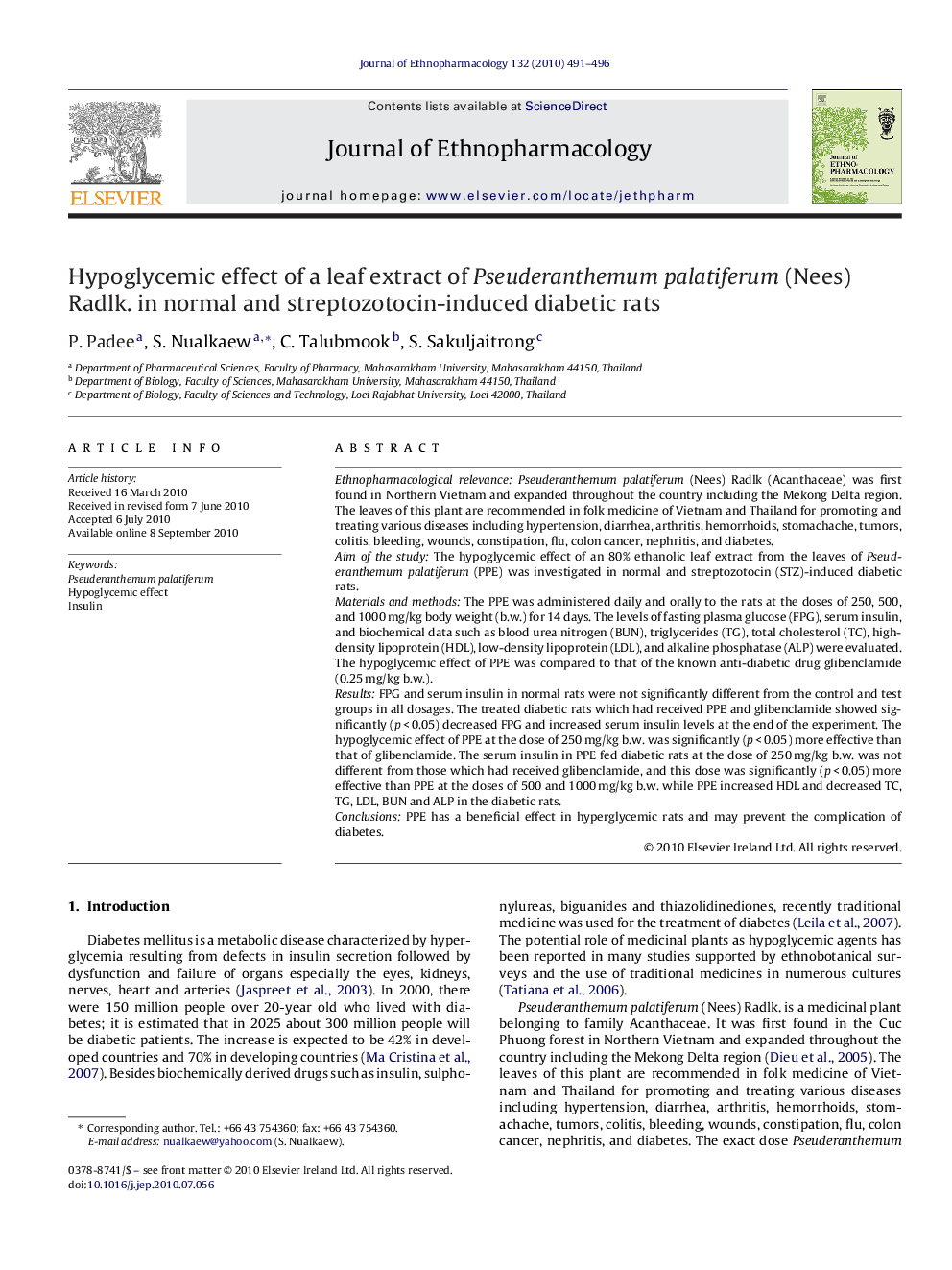 Hypoglycemic effect of a leaf extract of Pseuderanthemum palatiferum (Nees) Radlk. in normal and streptozotocin-induced diabetic rats