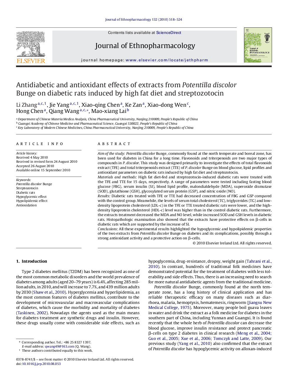 Antidiabetic and antioxidant effects of extracts from Potentilla discolor Bunge on diabetic rats induced by high fat diet and streptozotocin