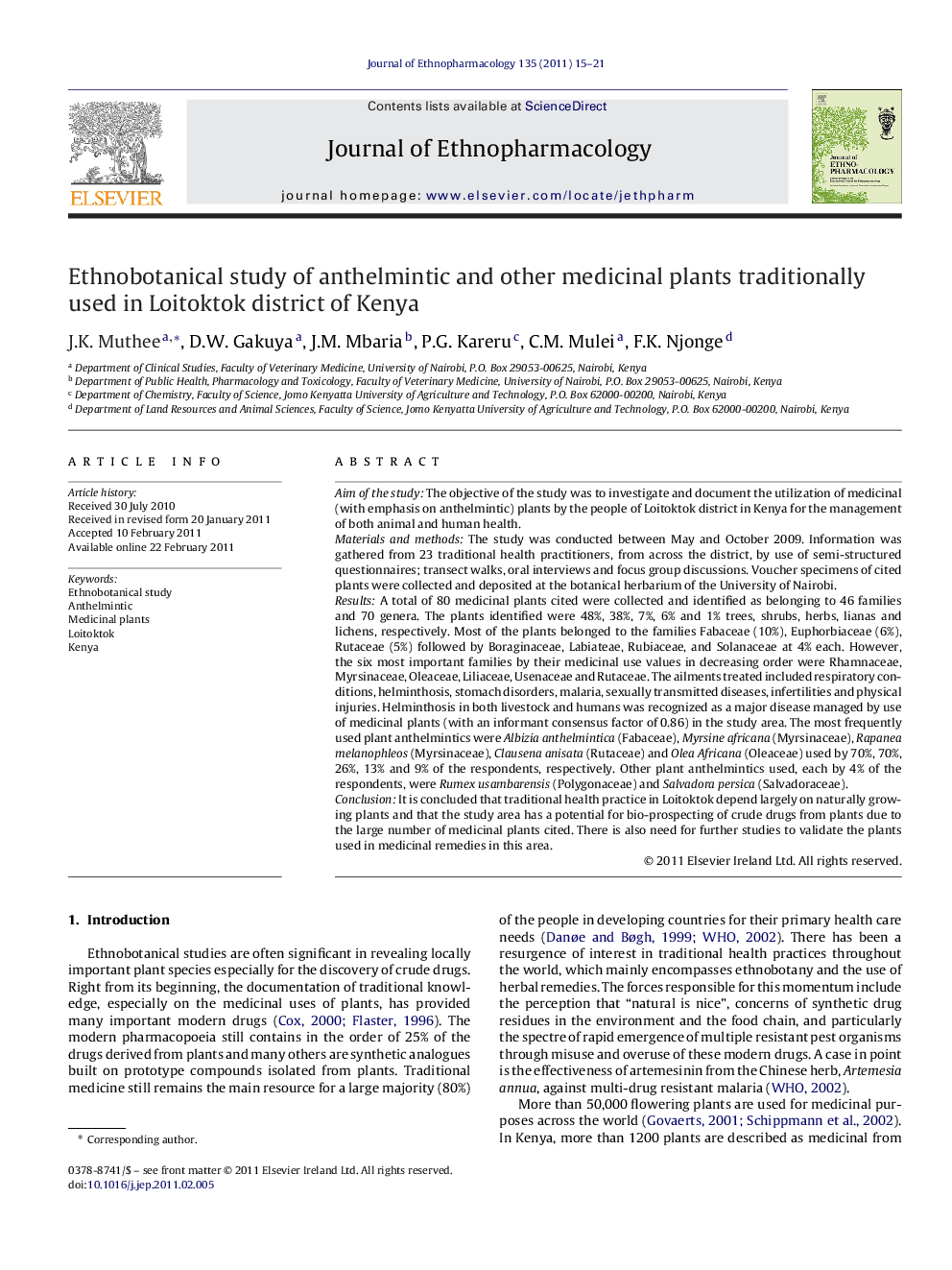 Ethnobotanical study of anthelmintic and other medicinal plants traditionally used in Loitoktok district of Kenya