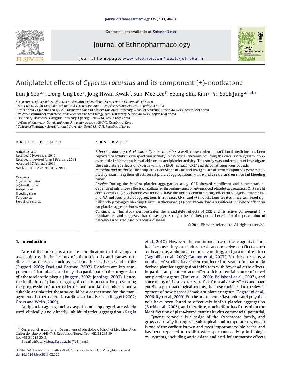 Antiplatelet effects of Cyperus rotundus and its component (+)-nootkatone