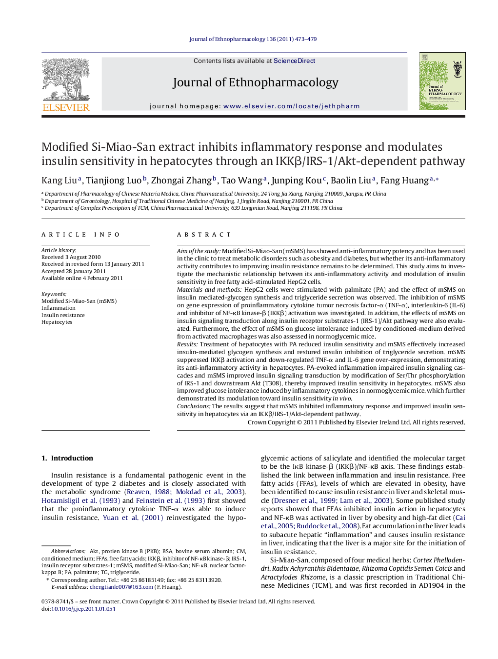 Modified Si-Miao-San extract inhibits inflammatory response and modulates insulin sensitivity in hepatocytes through an IKKβ/IRS-1/Akt-dependent pathway