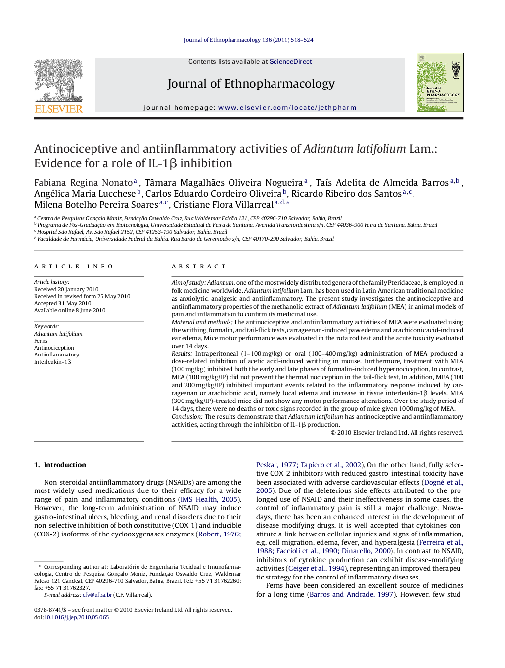 Antinociceptive and antiinflammatory activities of Adiantum latifolium Lam.: Evidence for a role of IL-1β inhibition