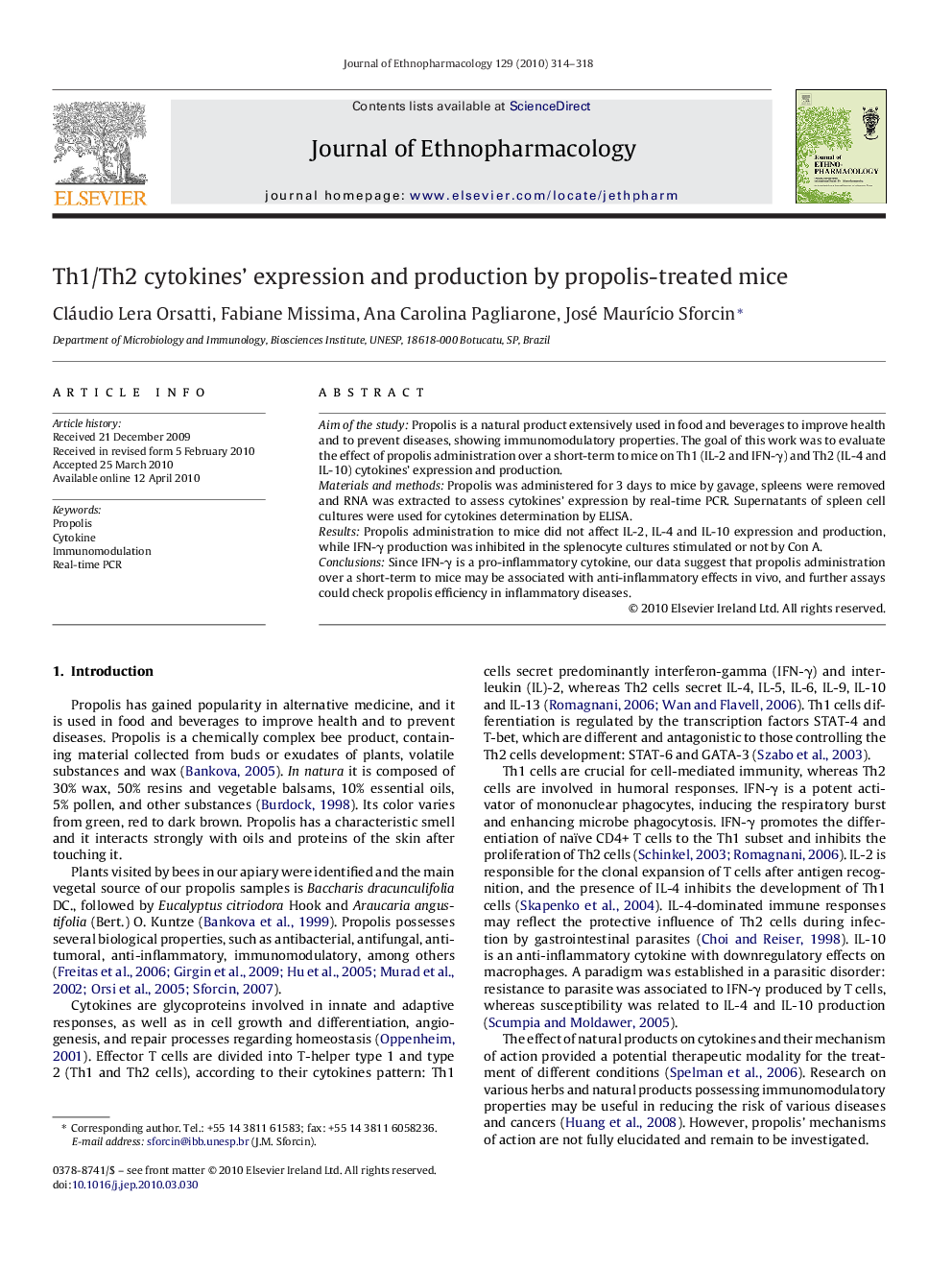 Th1/Th2 cytokines’ expression and production by propolis-treated mice