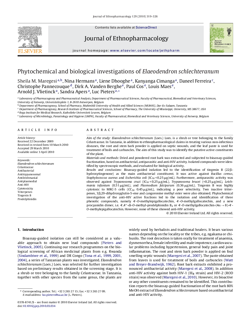 Phytochemical and biological investigations of Elaeodendron schlechteranum