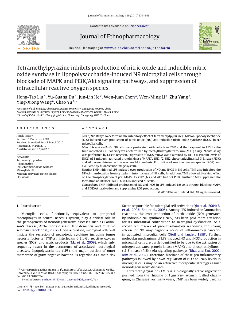 Tetramethylpyrazine inhibits production of nitric oxide and inducible nitric oxide synthase in lipopolysaccharide-induced N9 microglial cells through blockade of MAPK and PI3K/Akt signaling pathways, and suppression of intracellular reactive oxygen specie