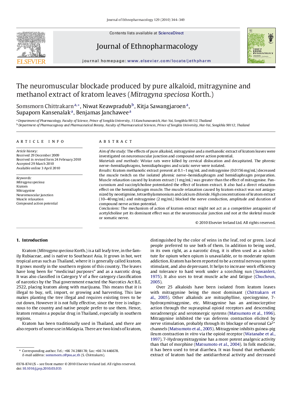 The neuromuscular blockade produced by pure alkaloid, mitragynine and methanol extract of kratom leaves (Mitragyna speciosa Korth.)