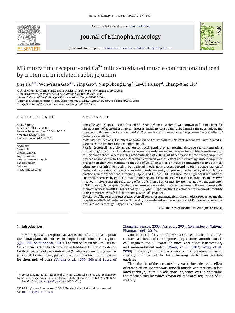 M3 muscarinic receptor- and Ca2+ influx-mediated muscle contractions induced by croton oil in isolated rabbit jejunum