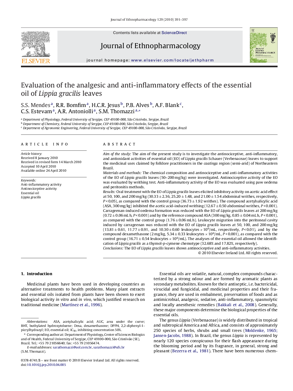 Evaluation of the analgesic and anti-inflammatory effects of the essential oil of Lippia gracilis leaves