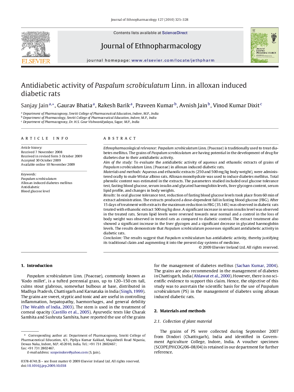 Antidiabetic activity of Paspalum scrobiculatum Linn. in alloxan induced diabetic rats