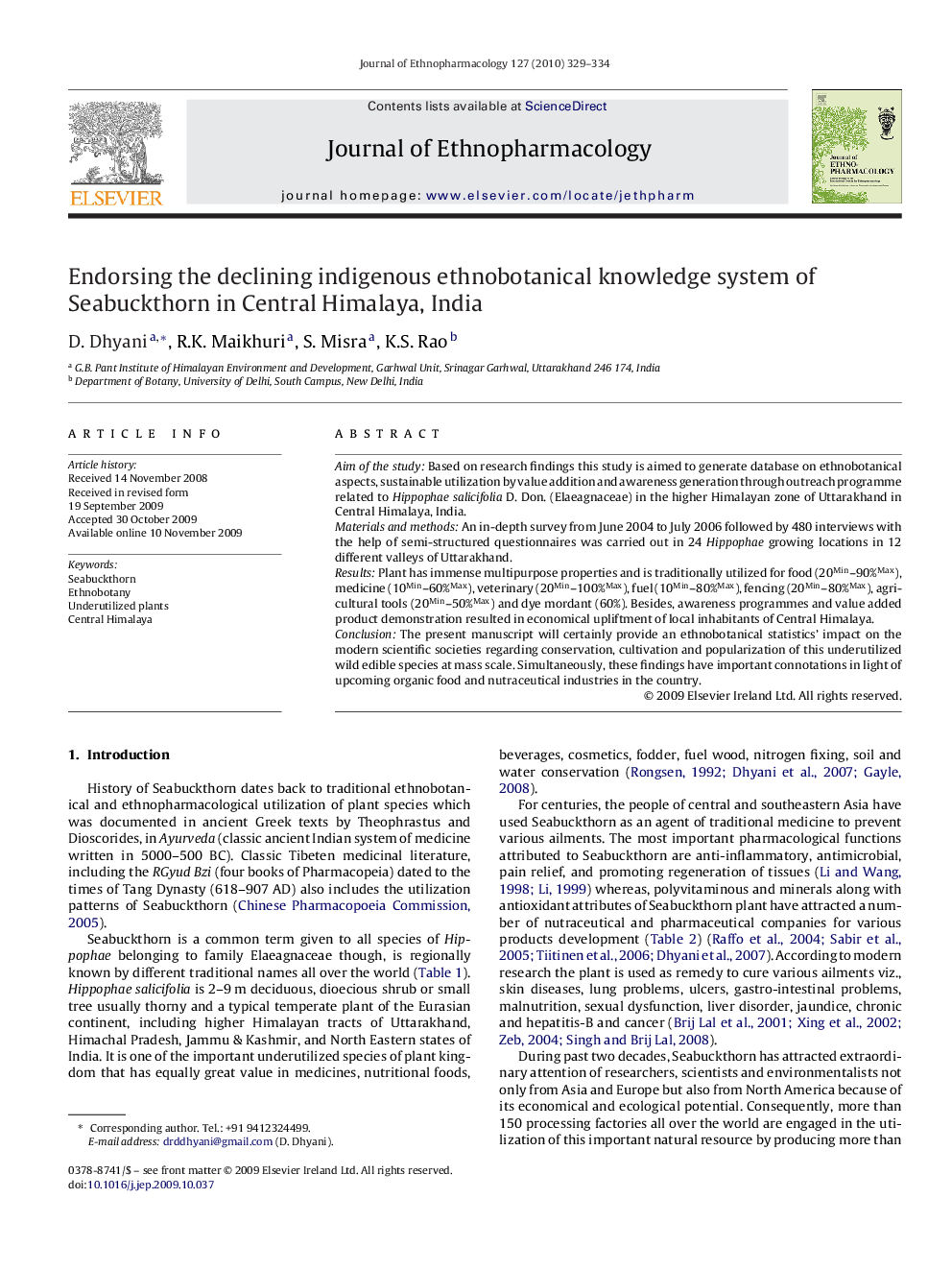 Endorsing the declining indigenous ethnobotanical knowledge system of Seabuckthorn in Central Himalaya, India