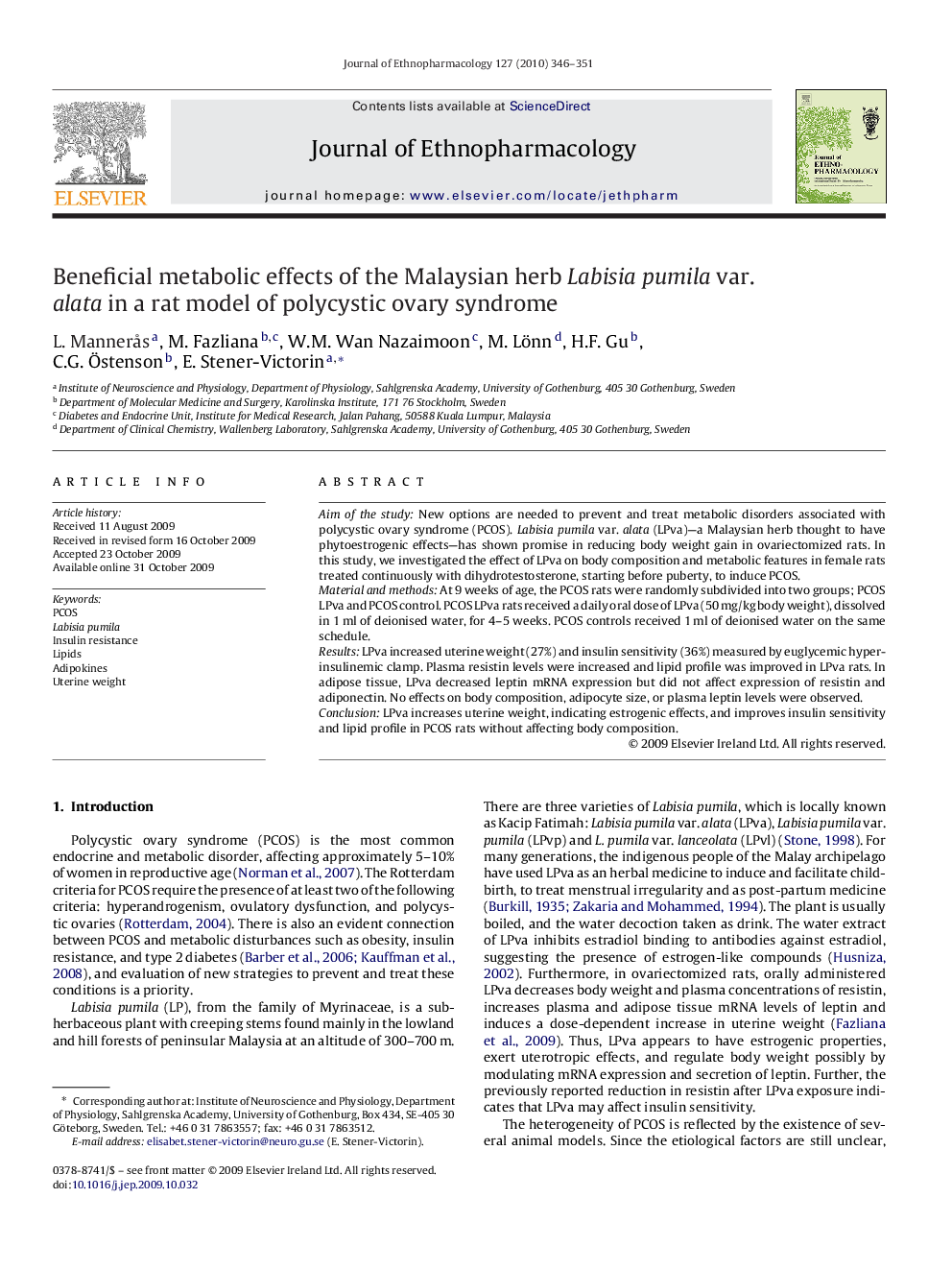 Beneficial metabolic effects of the Malaysian herb Labisia pumila var. alata in a rat model of polycystic ovary syndrome