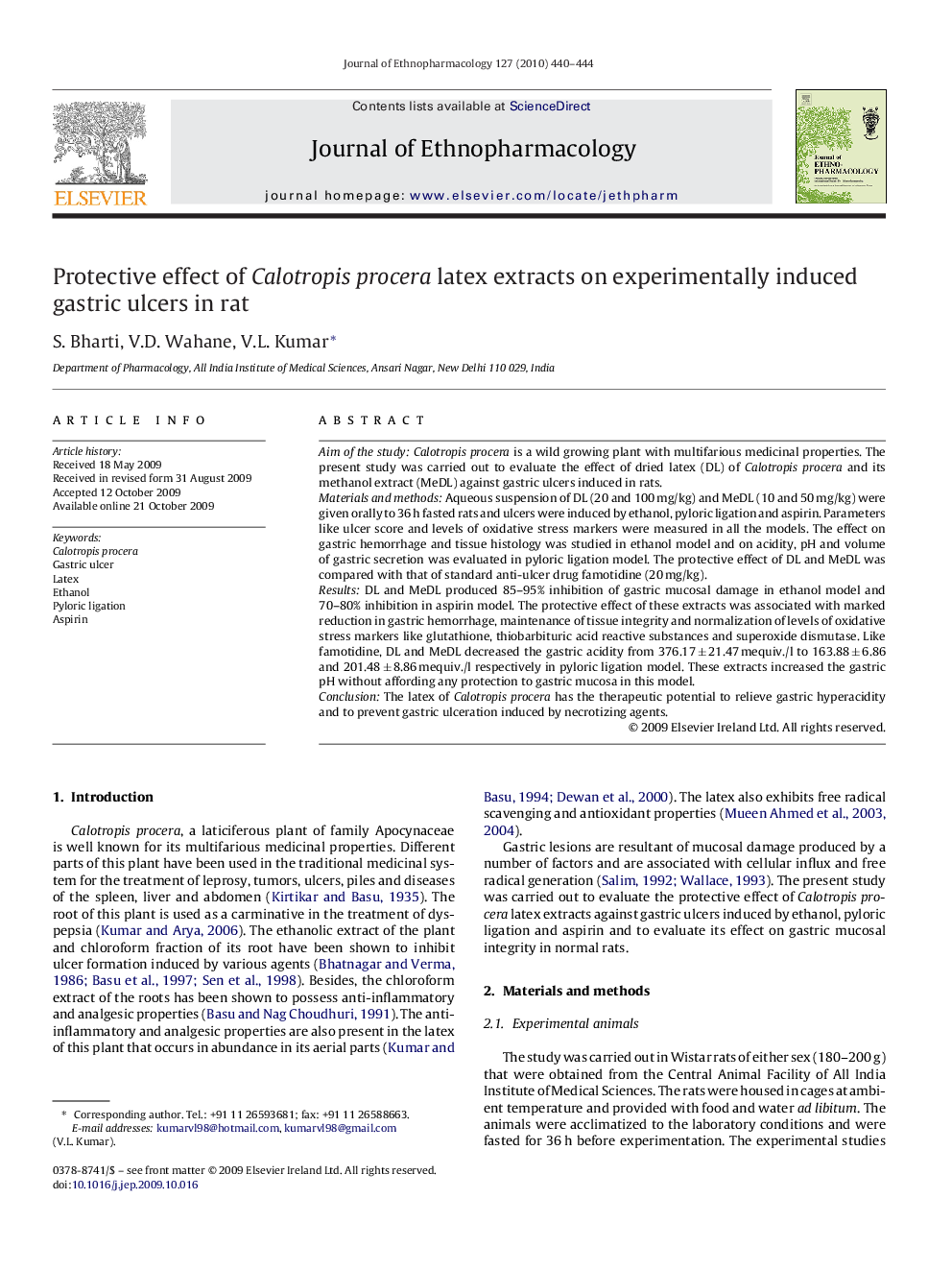 Protective effect of Calotropis procera latex extracts on experimentally induced gastric ulcers in rat