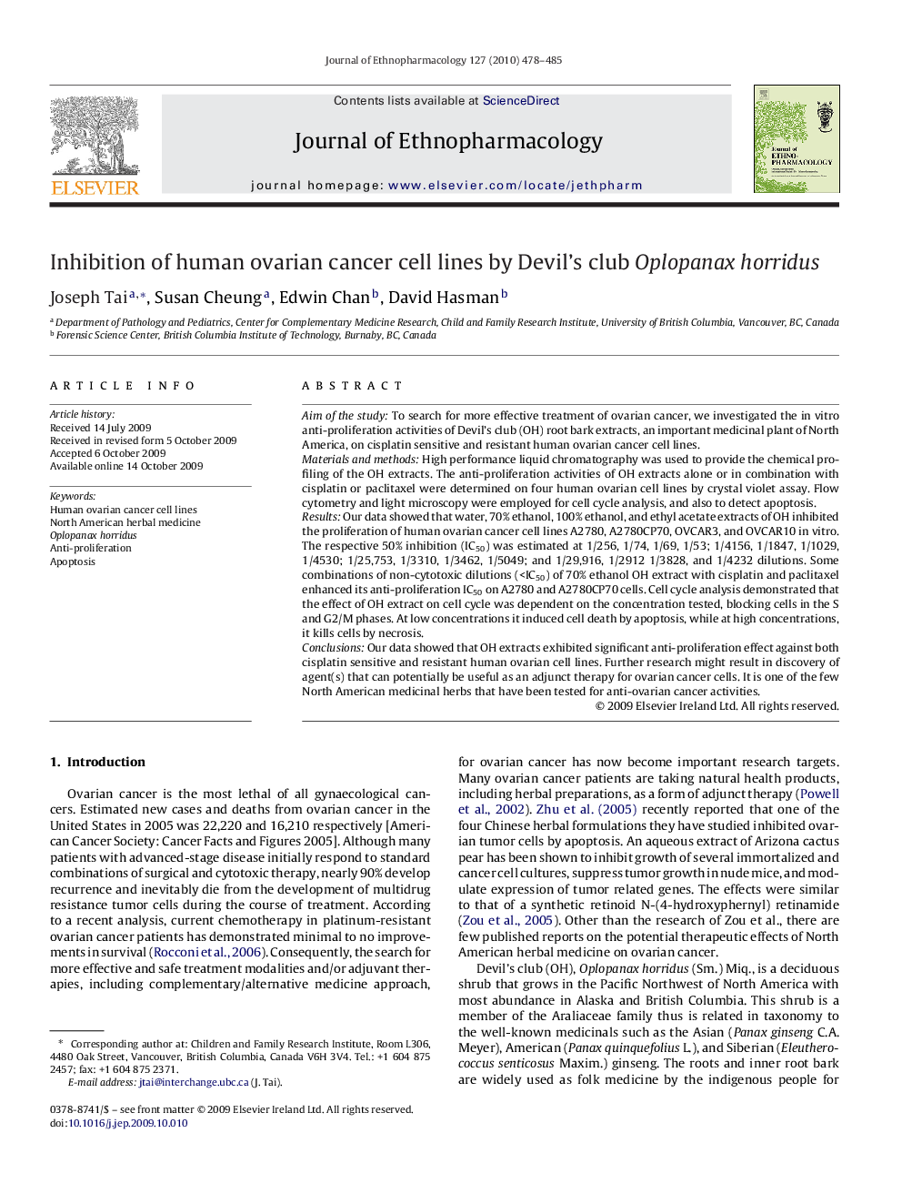 عکس صفحه اول مقاله: Inhibition of human ovarian cancer cell lines by Devil's club Oplopanax horridus Inhibition of human ovarian cancer cell lines by Devil's club Oplopanax horridus