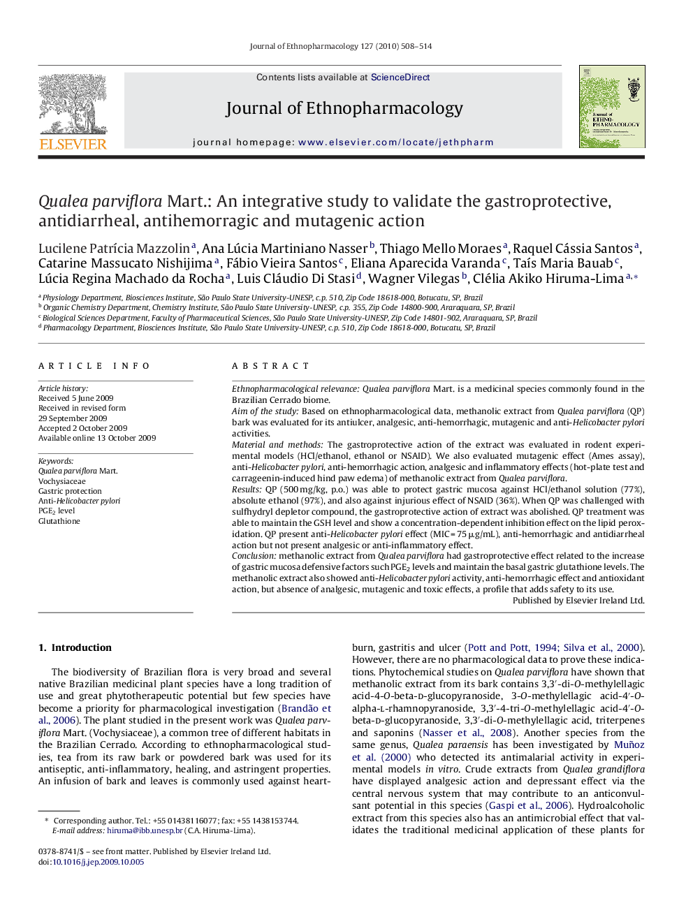 Qualea parviflora Mart.: An integrative study to validate the gastroprotective, antidiarrheal, antihemorragic and mutagenic action