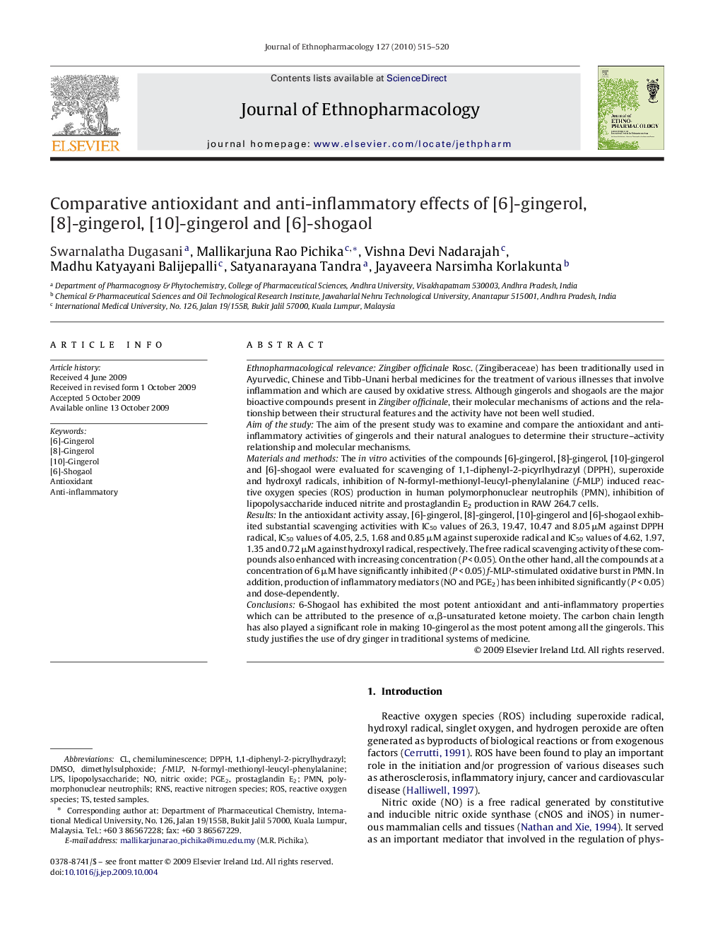 Comparative antioxidant and anti-inflammatory effects of [6]-gingerol, [8]-gingerol, [10]-gingerol and [6]-shogaol