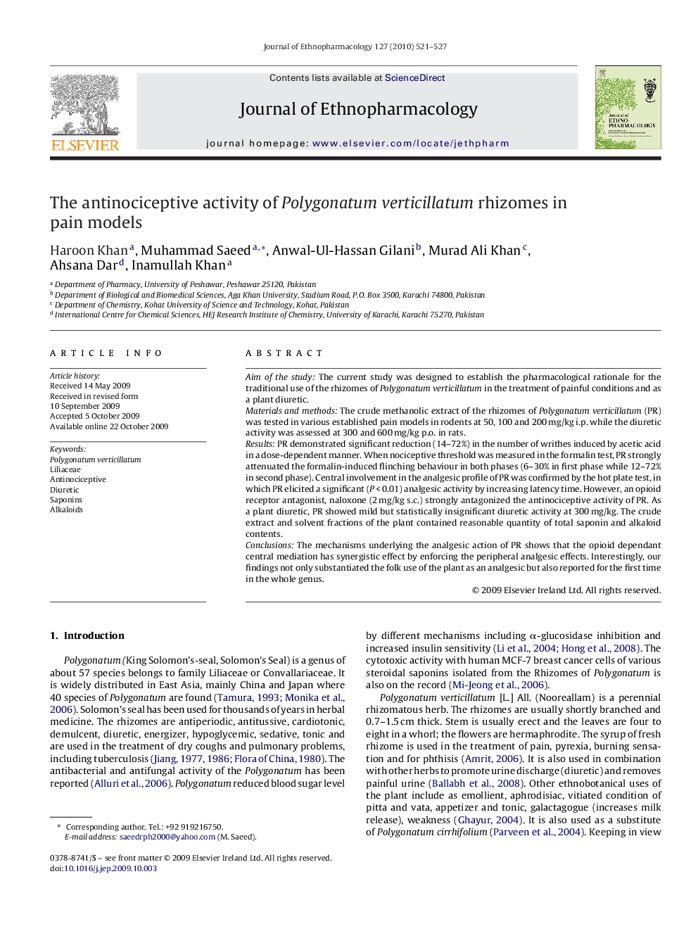 The antinociceptive activity of Polygonatumverticillatum rhizomes in pain models