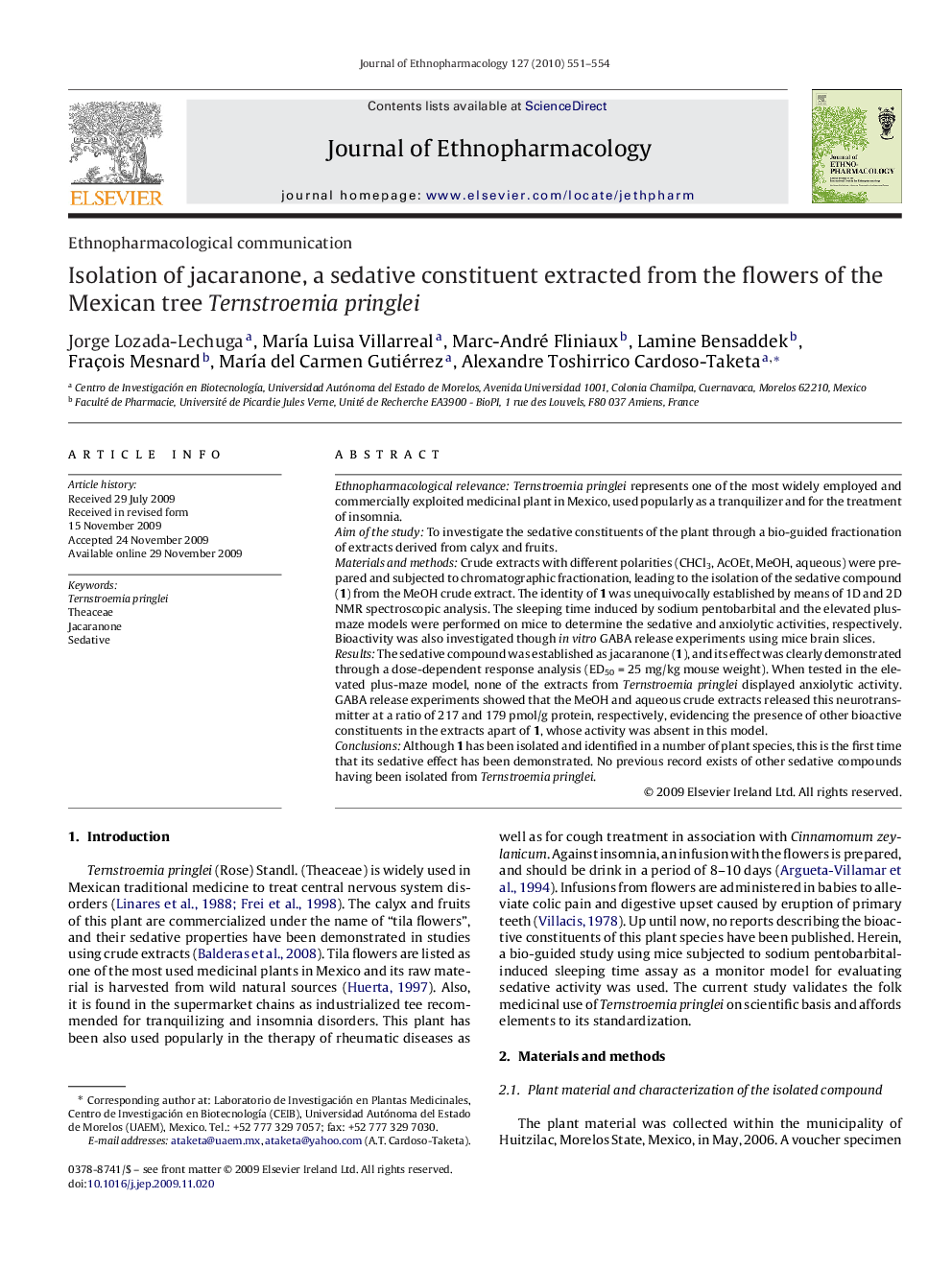 Isolation of jacaranone, a sedative constituent extracted from the flowers of the Mexican tree Ternstroemia pringlei