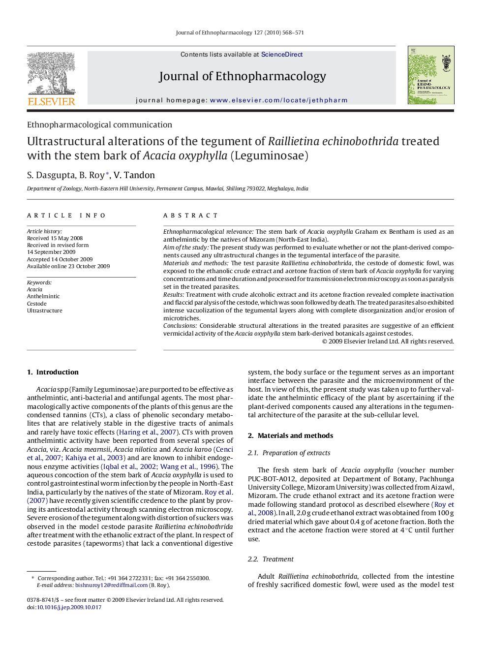 Ultrastructural alterations of the tegument of Raillietina echinobothrida treated with the stem bark of Acacia oxyphylla (Leguminosae)