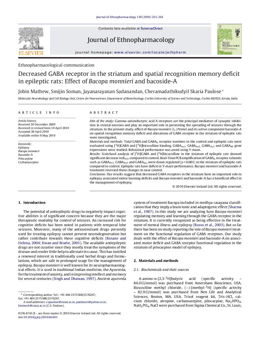 Decreased GABA receptor in the striatum and spatial recognition memory deficit in epileptic rats: Effect of Bacopa monnieri and bacoside-A