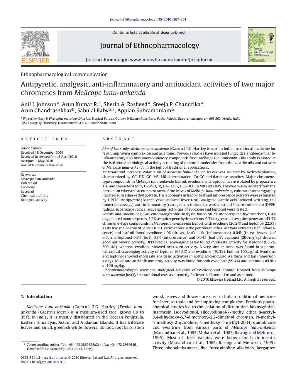 Antipyretic, analgesic, anti-inflammatory and antioxidant activities of two major chromenes from Melicope lunu-ankenda