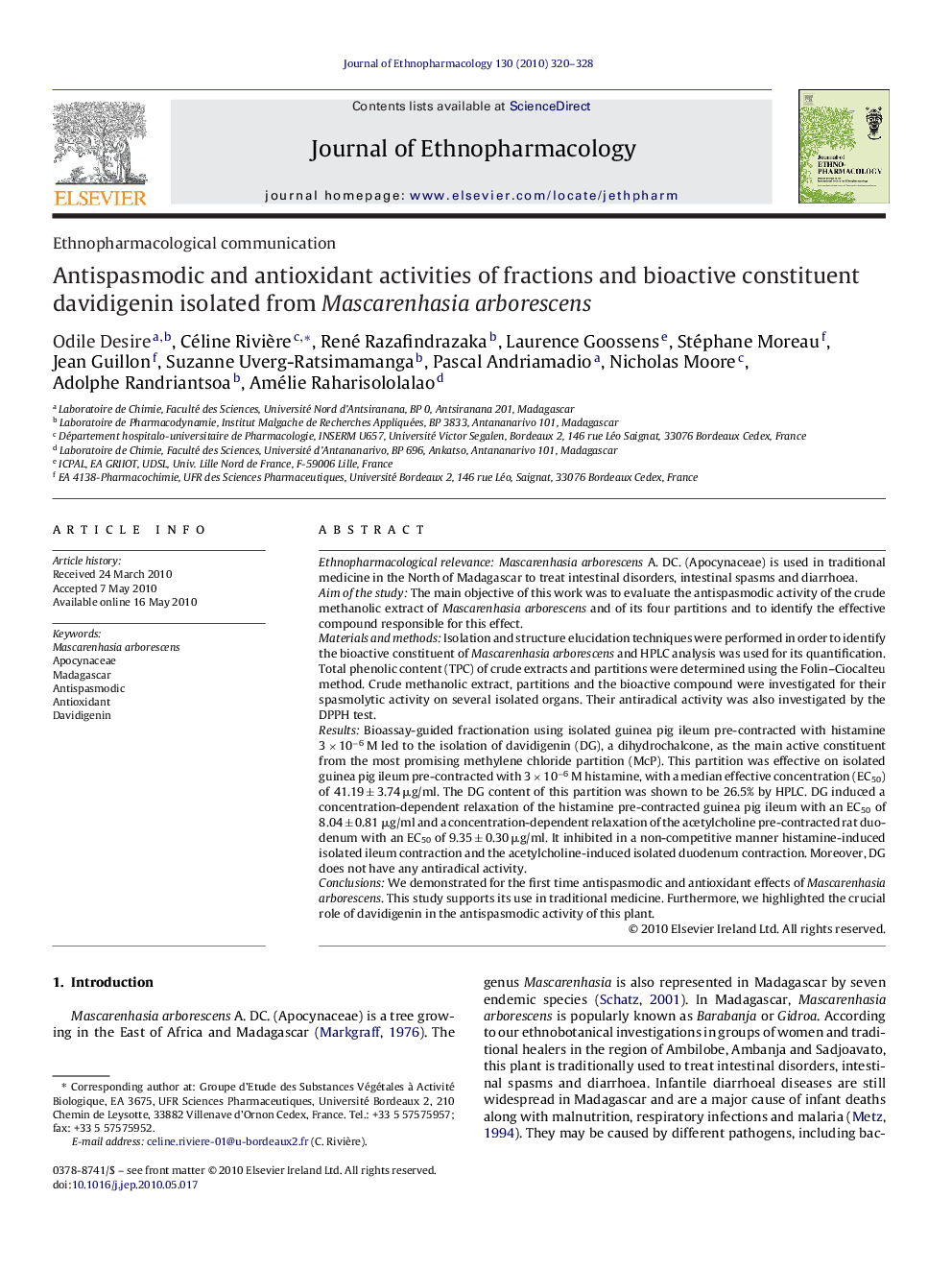 Antispasmodic and antioxidant activities of fractions and bioactive constituent davidigenin isolated from Mascarenhasia arborescens