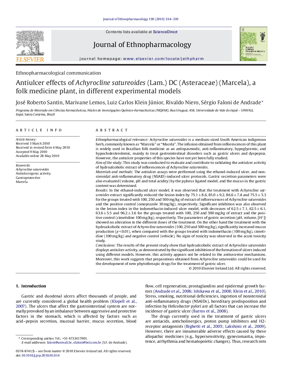 Antiulcer effects of Achyrocline satureoides (Lam.) DC (Asteraceae) (Marcela), a folk medicine plant, in different experimental models