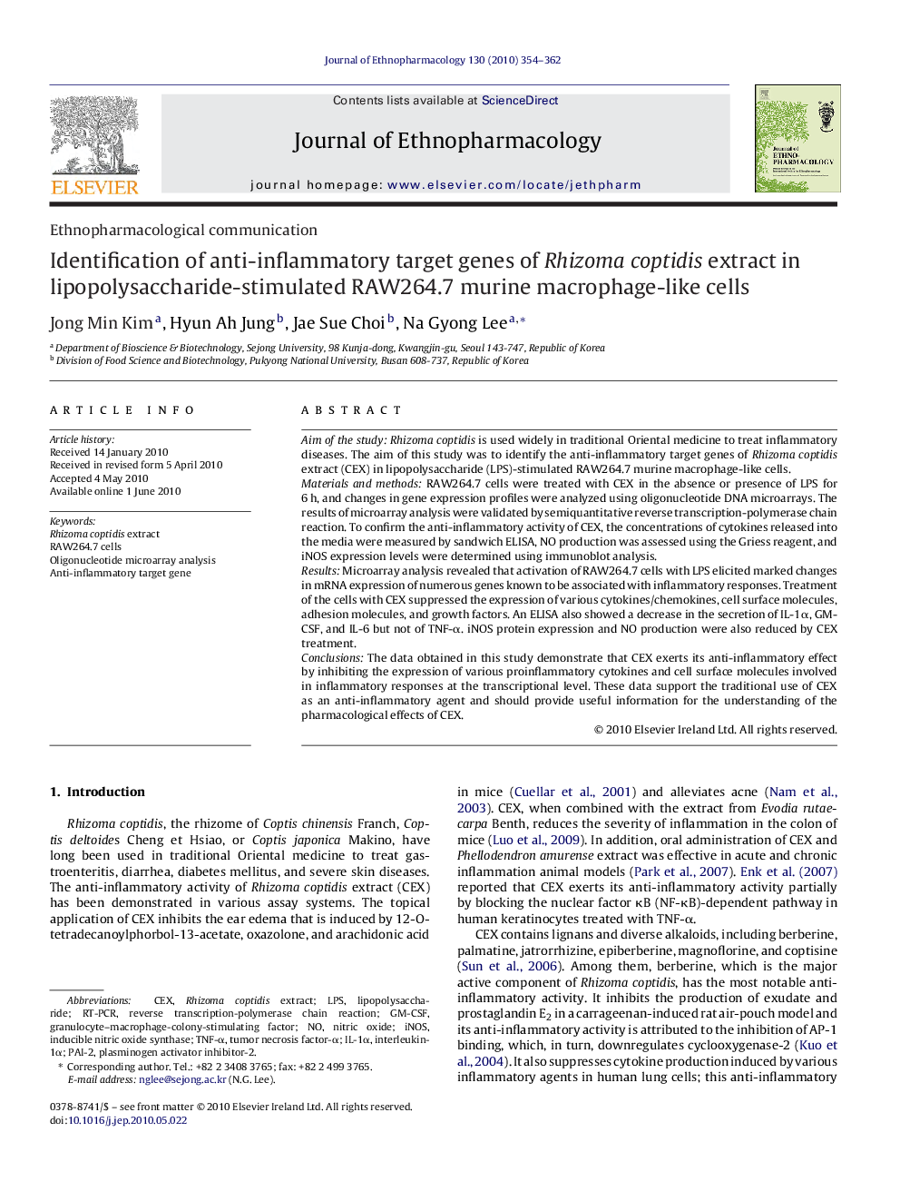 Identification of anti-inflammatory target genes of Rhizoma coptidis extract in lipopolysaccharide-stimulated RAW264.7 murine macrophage-like cells