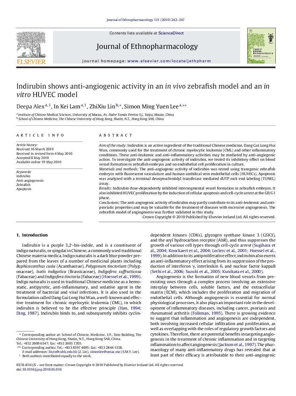 Indirubin shows anti-angiogenic activity in an in vivo zebrafish model and an in vitro HUVEC model