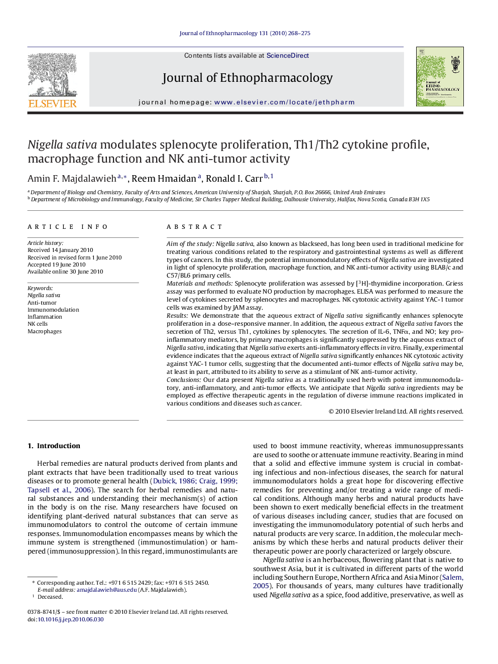 Nigella sativa modulates splenocyte proliferation, Th1/Th2 cytokine profile, macrophage function and NK anti-tumor activity