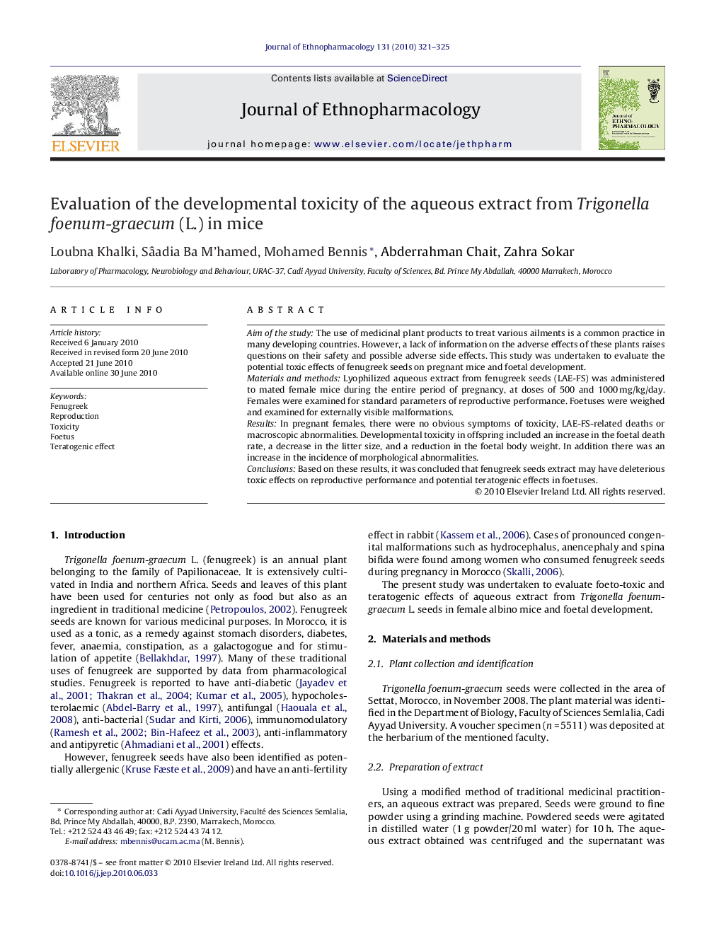 Evaluation of the developmental toxicity of the aqueous extract from Trigonella foenum-graecum (L.) in mice