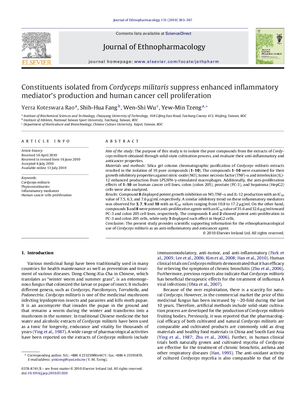 Constituents isolated from Cordyceps militaris suppress enhanced inflammatory mediator's production and human cancer cell proliferation