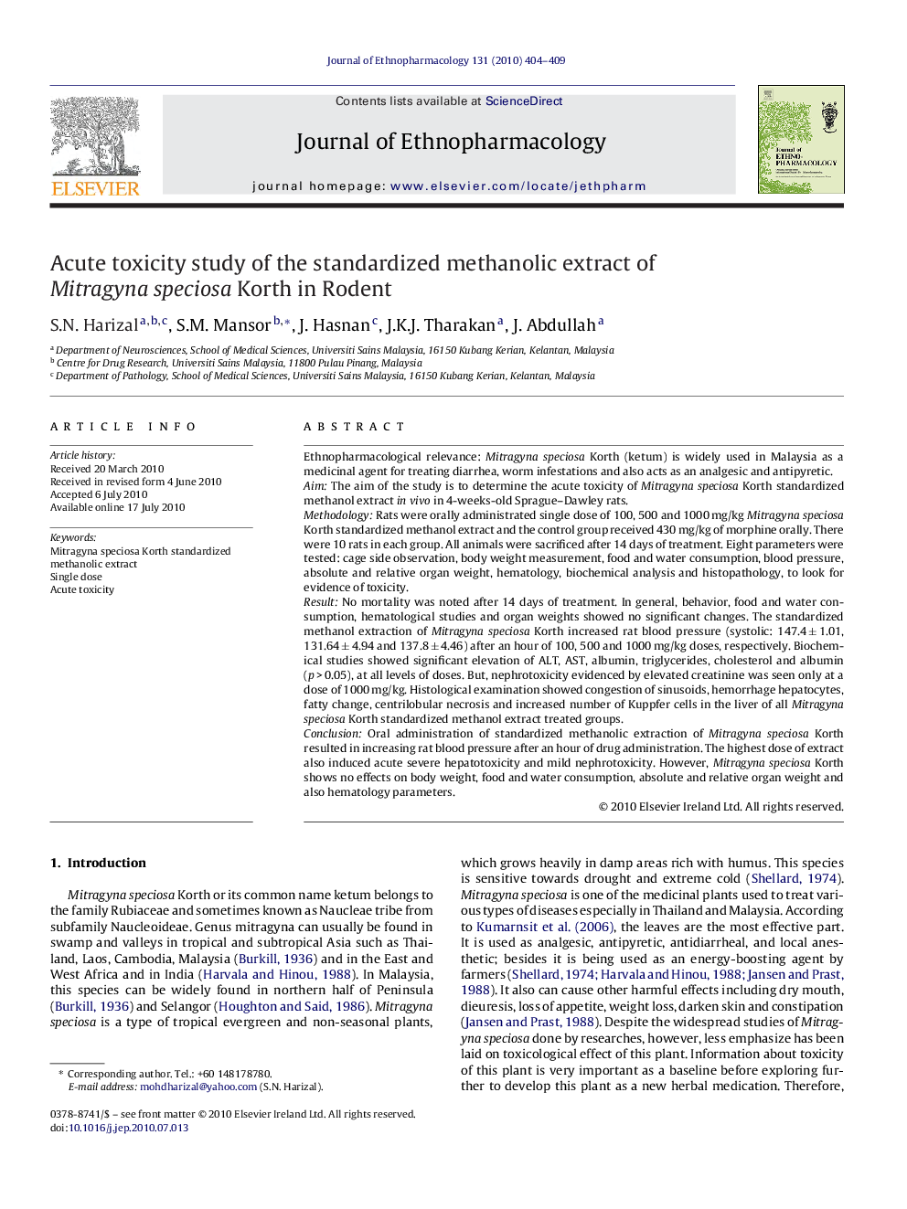 Acute toxicity study of the standardized methanolic extract of Mitragyna speciosa Korth in Rodent