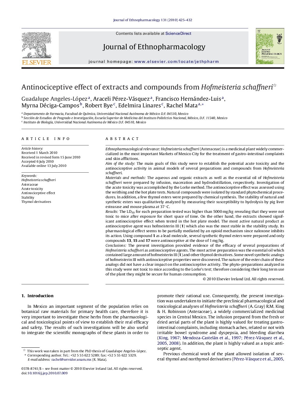 Antinociceptive effect of extracts and compounds from Hofmeisteria schaffneri 