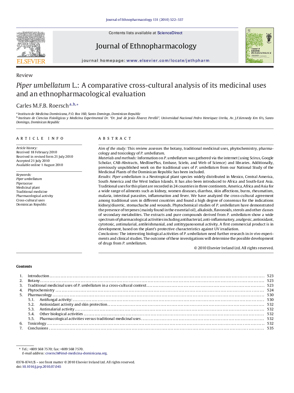 Piper umbellatum L.: A comparative cross-cultural analysis of its medicinal uses and an ethnopharmacological evaluation